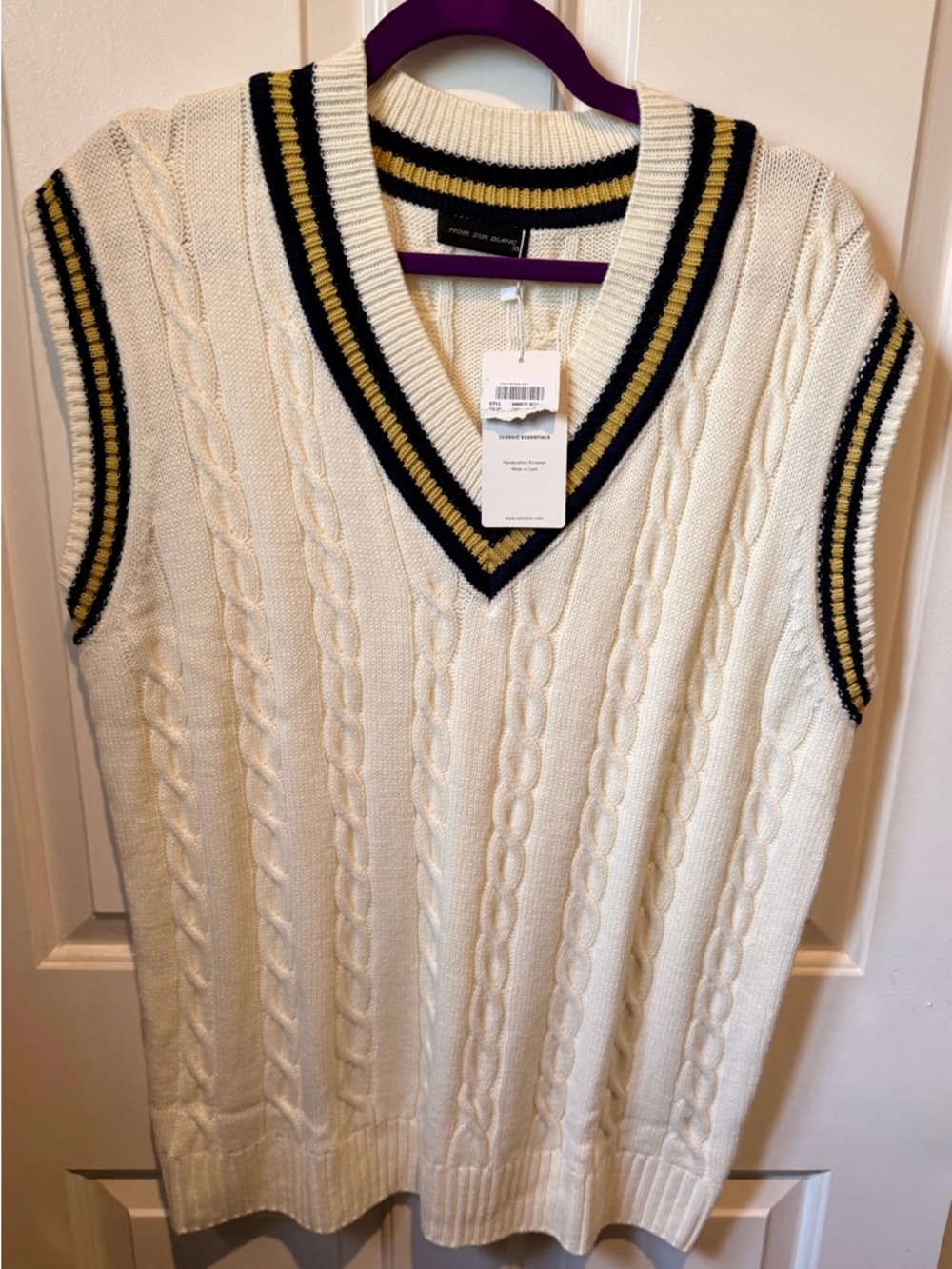 Cable Knit V-Neck Sweater Vest with Navy & Gold Trim